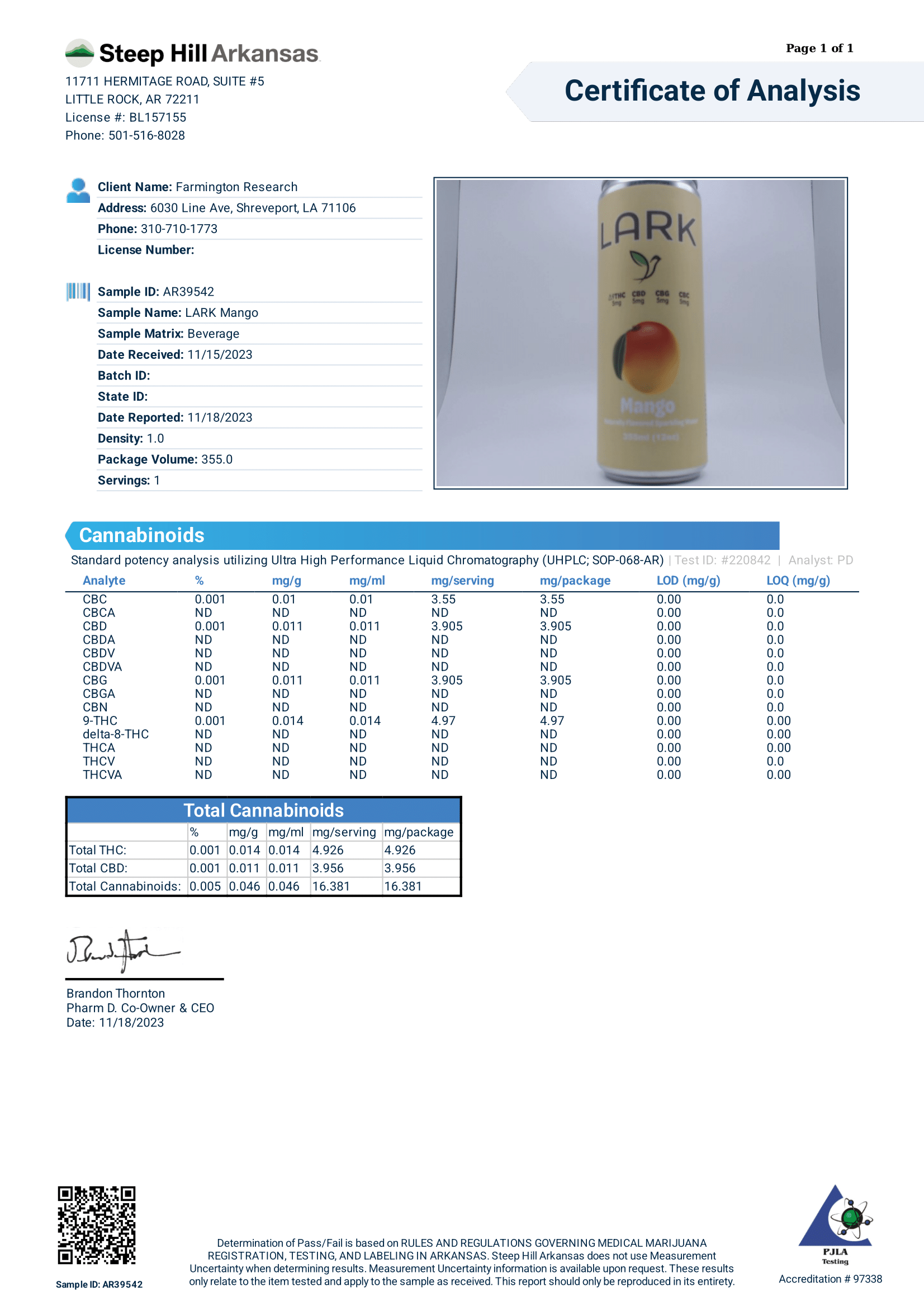 Lark Mango Potency COA