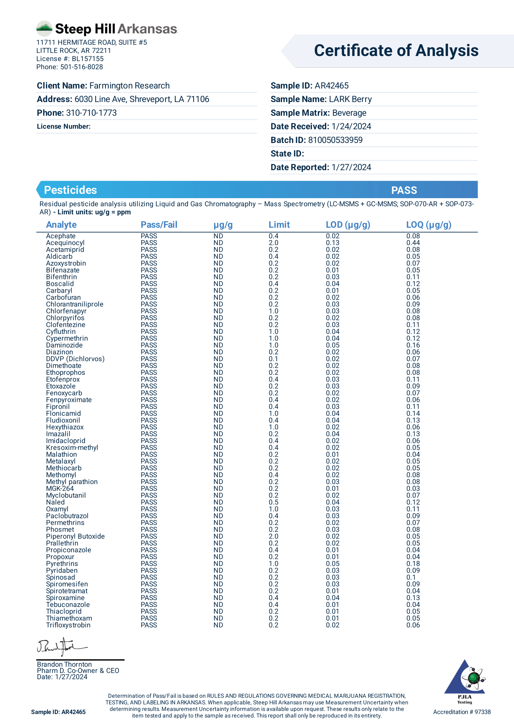 Lark Berry Pesticides COA