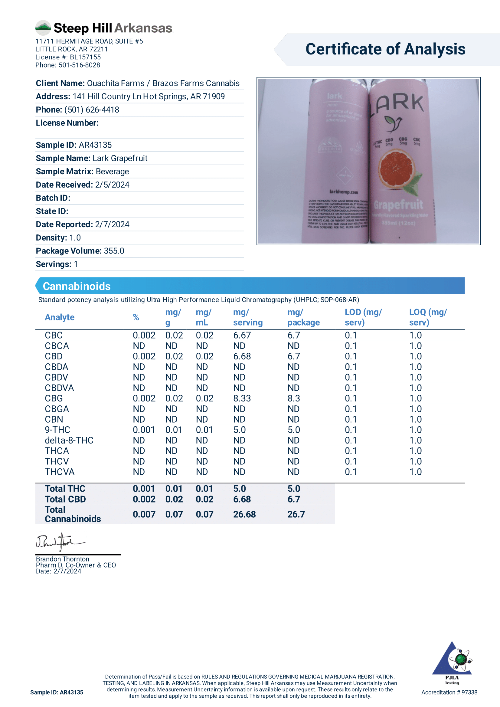 Lark Grapefruit Potency COA