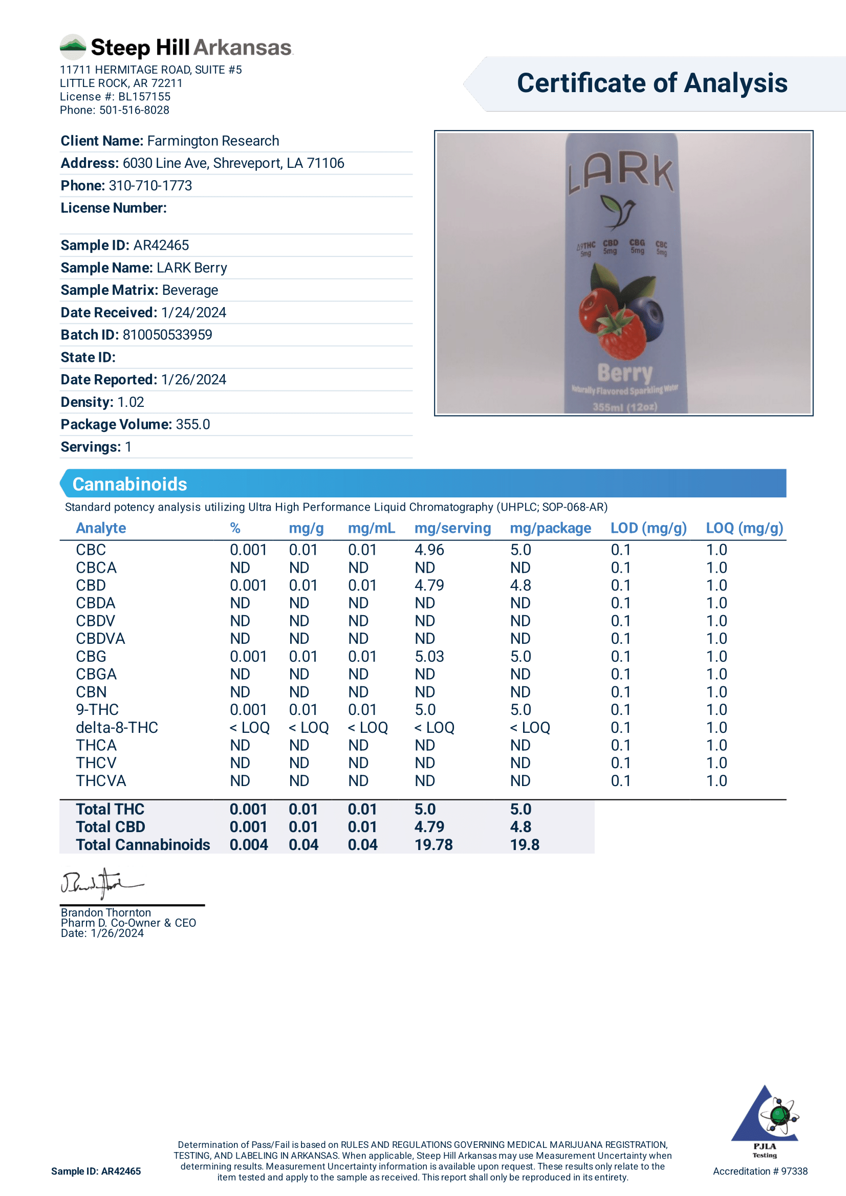 Lark Berry Potency COA
