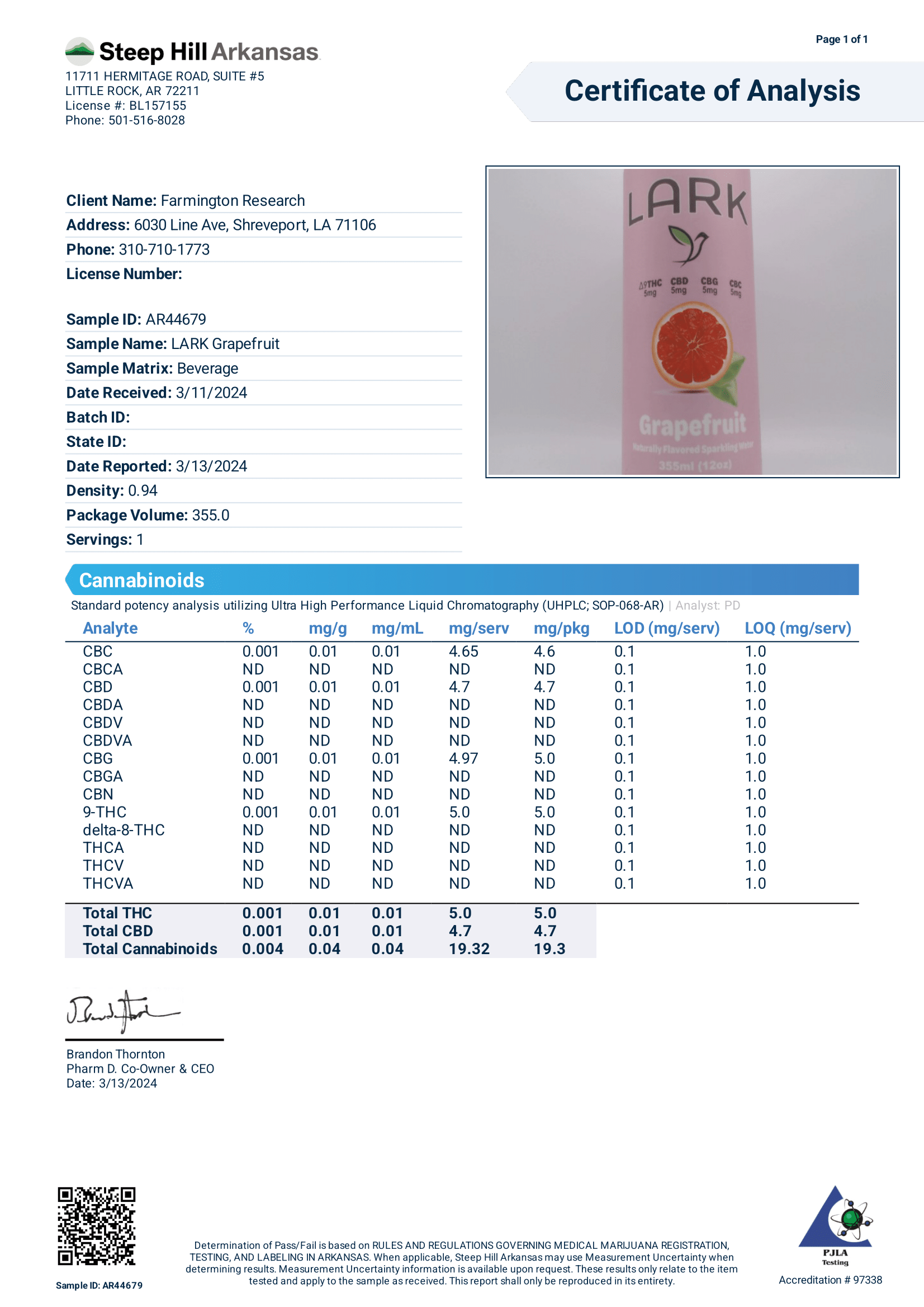 Lark Grapefruit - Potency COA