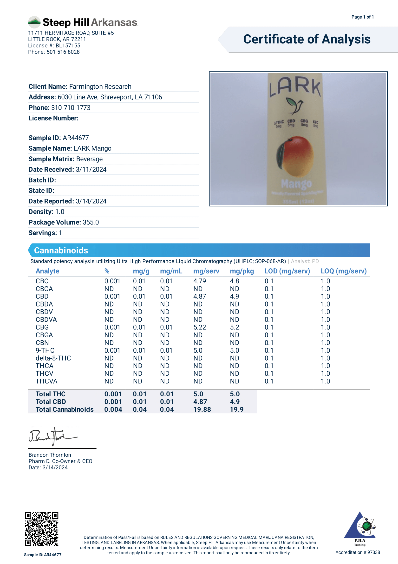 Lark Mango Potency COA