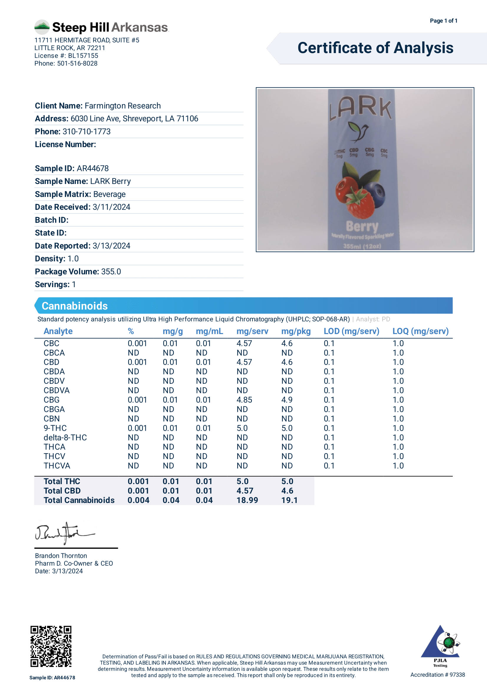 Lark Berry Certificate of Analysis Potency