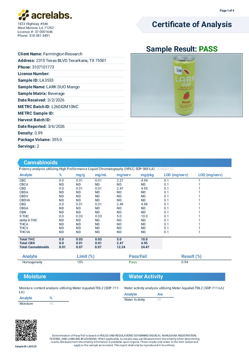 Lark Mango Duo Certificate of Analysis Full Panel · Page 1