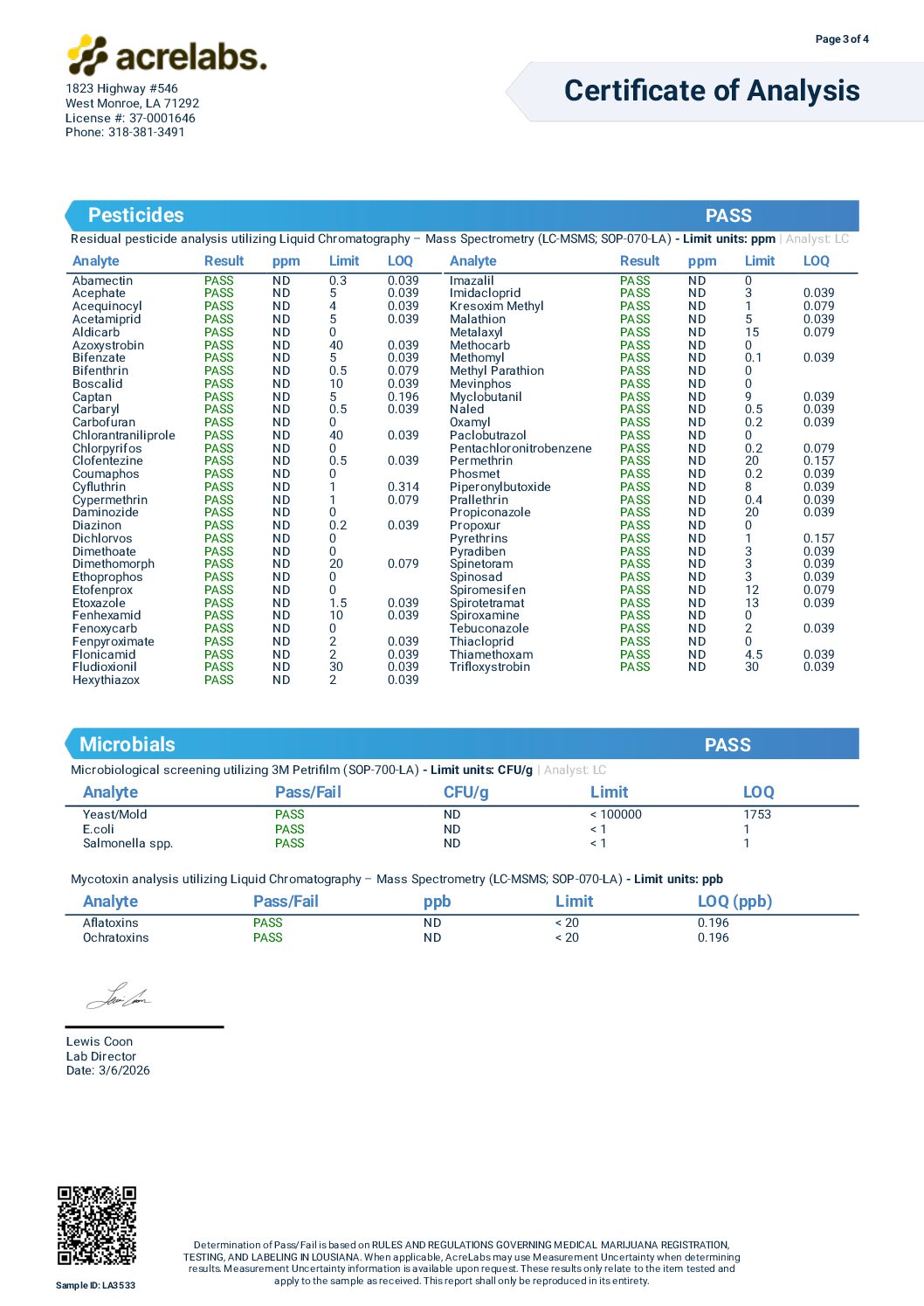 Lark Mango Duo Certificate of Analysis Full Panel · Page 3
