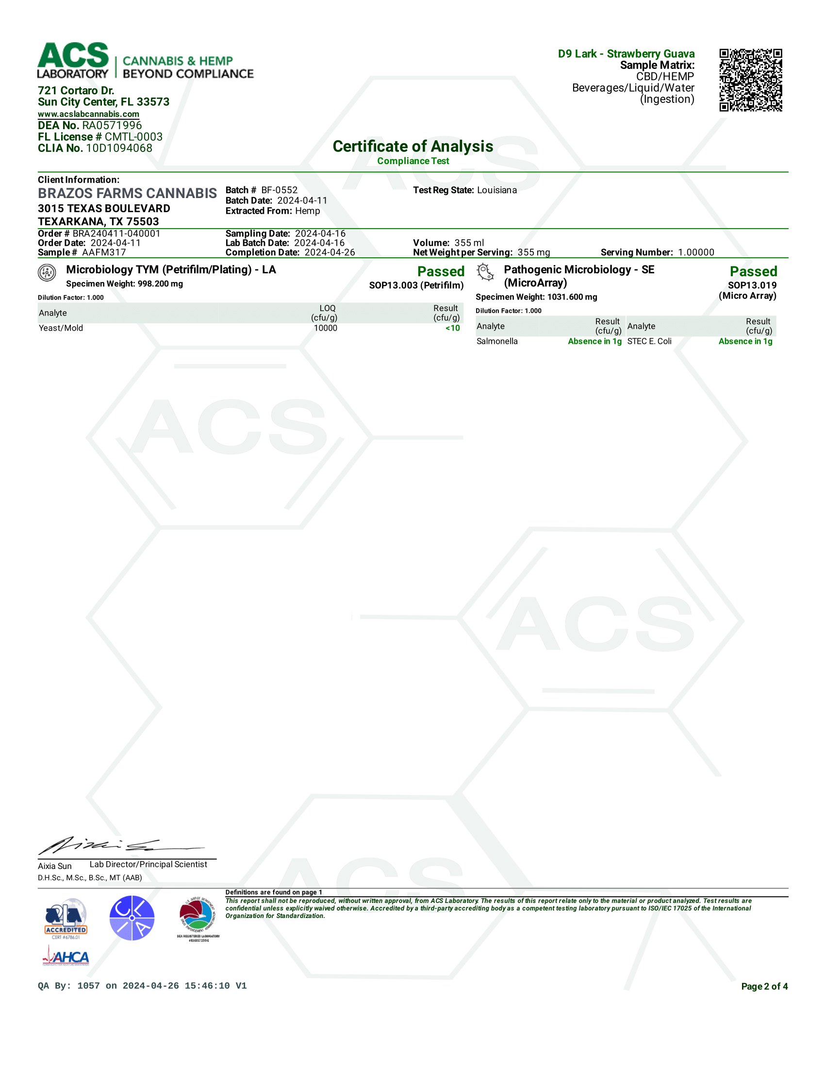 Lark Strawberry Guava Certificate of Analysis Microbials