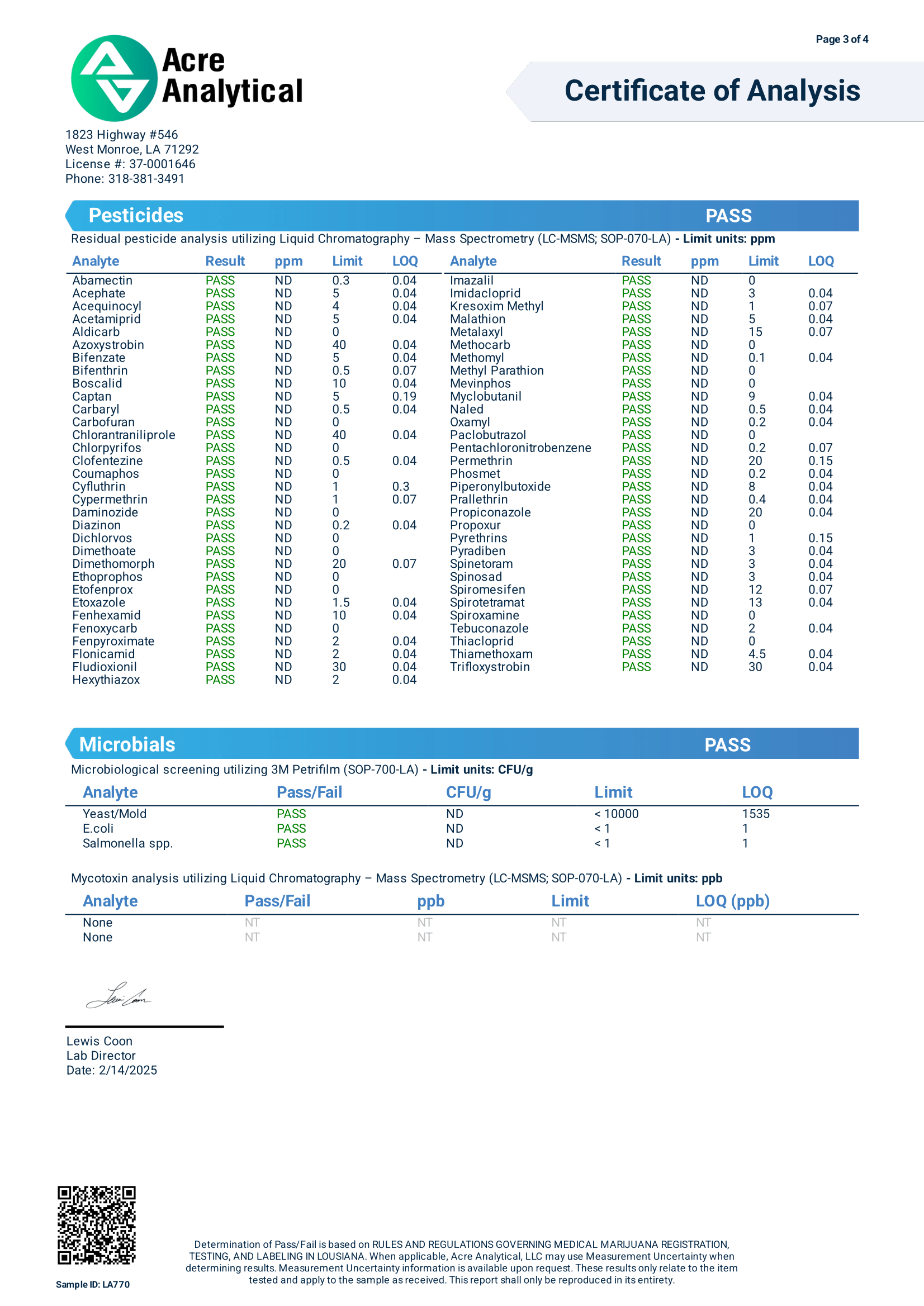 Lark Strawberry Guava Certificate of Analysis Pesticides & Microbials