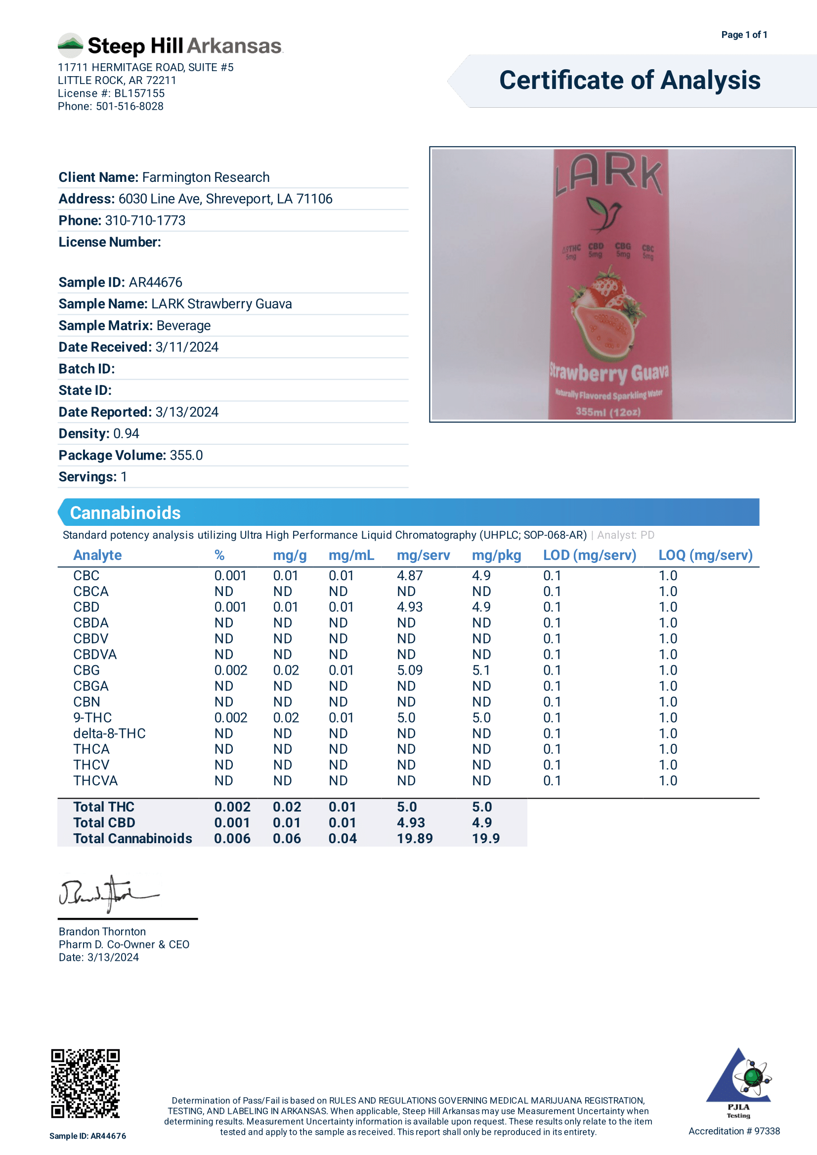 Lark Strawberry Guava Certificate of Analysis Potency
