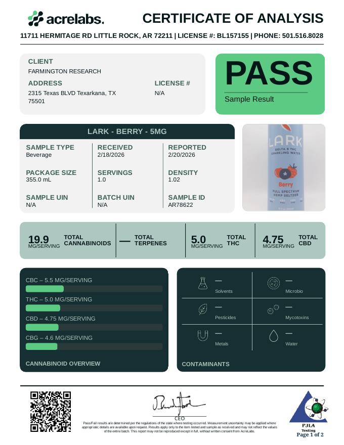 Lark Berry Certificate of Analysis Potency · Page 1